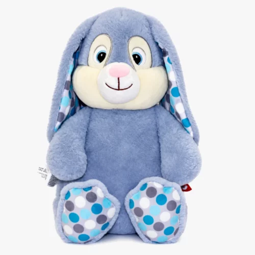 Blue rabbit soft toy with polka dot feet