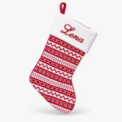 Knitted red and white Christmas stocking