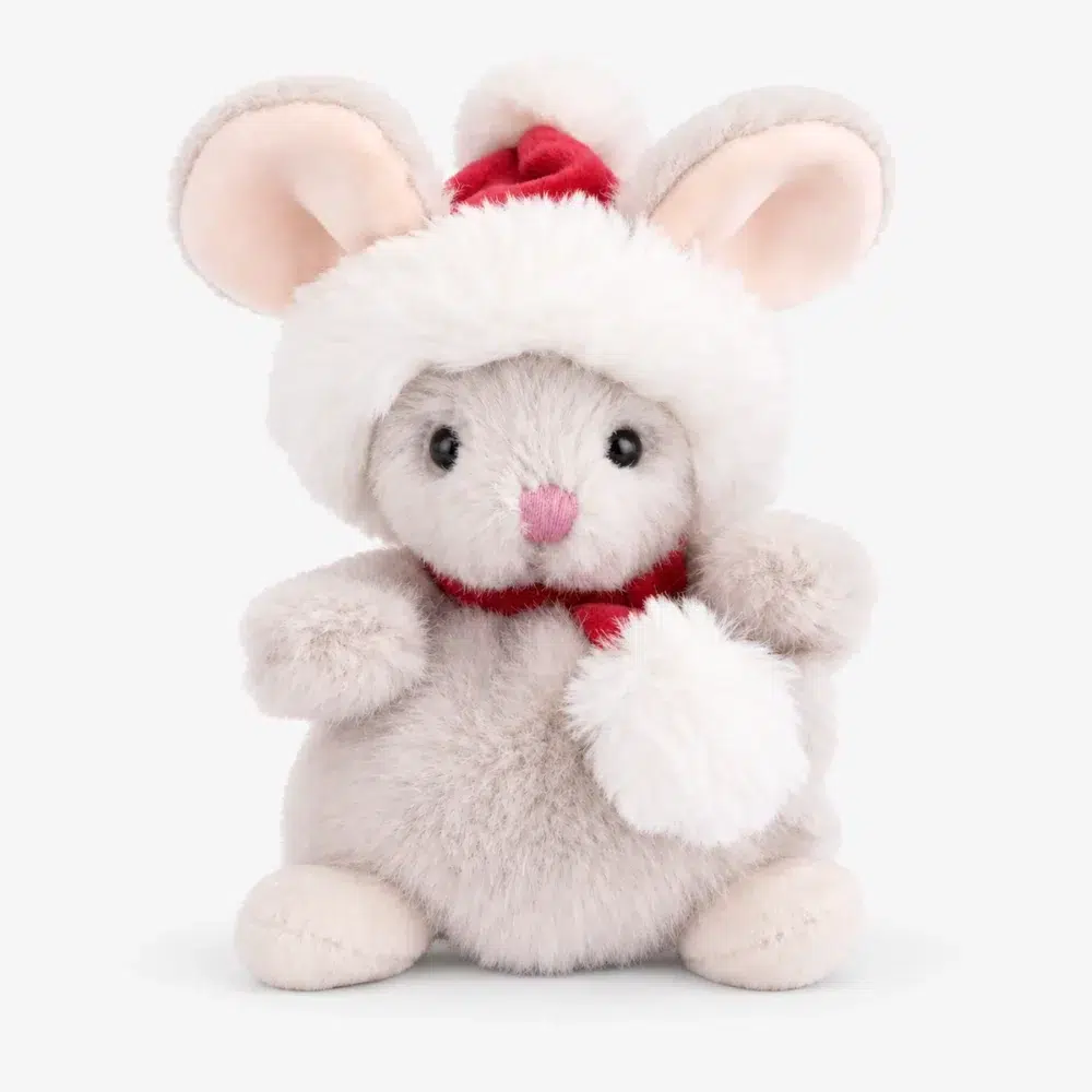 Christmas mouse soft toy from Bukowski with Santa hat and red scarf, 15 cm