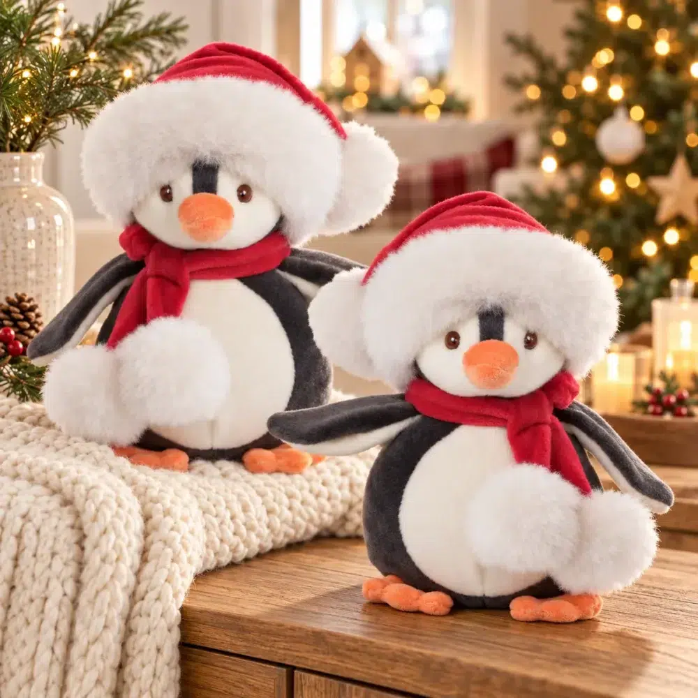 Baby Julius penguin soft toy from Bukowski in a festive Christmas setting